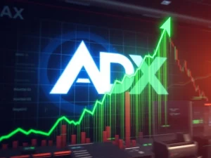 Chart showing a dramatic ADX crypto surge with an upward arrow, representing extreme market volatility.