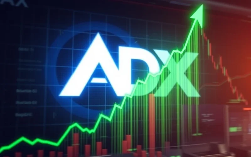 Chart showing a dramatic ADX crypto surge with an upward arrow, representing extreme market volatility.