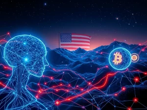Visualizing the impact of the US AI Strategy on leading AI Cryptocurrencies like Fetch.ai, Bittensor, and Render, depicting growth and innovation.
