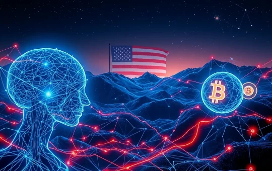 Visualizing the impact of the US AI Strategy on leading AI Cryptocurrencies like Fetch.ai, Bittensor, and Render, depicting growth and innovation.
