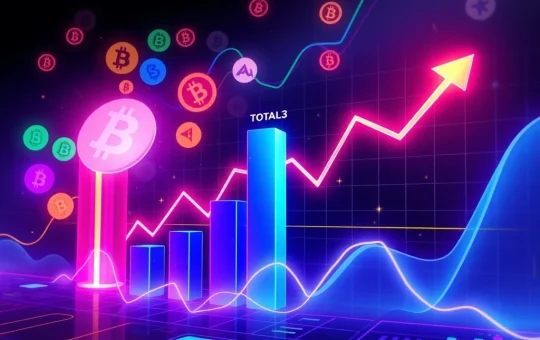 Charts showing a significant altcoin market breakout, with TOTAL3 surging, indicating a bullish crypto market shift.