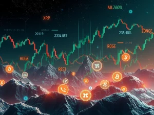 A visual representation of altcoin volatility in a fragmented crypto market, showing fluctuating charts and risk indicators.