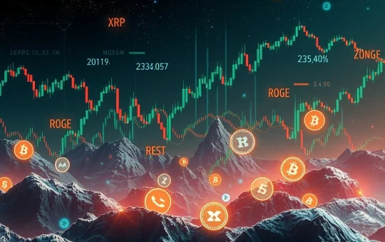 A visual representation of altcoin volatility in a fragmented crypto market, showing fluctuating charts and risk indicators.