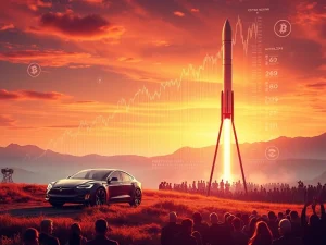 Elon Musk's America Party Token soaring amidst a gathering of Tesla owners and X Takeover enthusiasts, symbolizing political and crypto innovation.