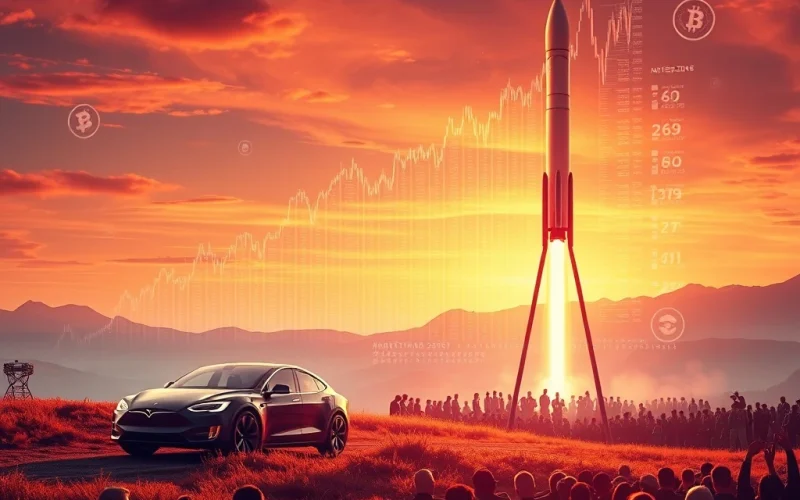 Elon Musk's America Party Token soaring amidst a gathering of Tesla owners and X Takeover enthusiasts, symbolizing political and crypto innovation.