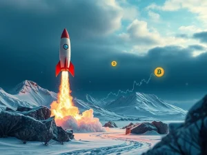 A rocket launching from a snowy landscape, symbolizing the explosive growth of Arctic Pablo Presale and its high potential.