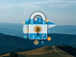 An illustration of a digital lock over cryptocurrency symbols, representing Argentina's **crypto freeze** on wallets linked to terrorism financing.