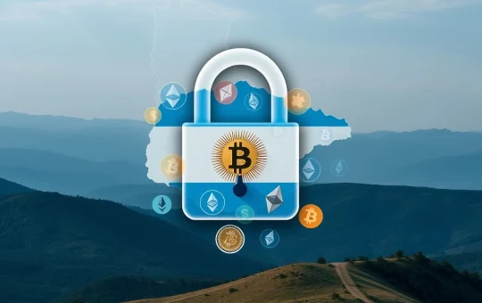 An illustration of a digital lock over cryptocurrency symbols, representing Argentina's **crypto freeze** on wallets linked to terrorism financing.