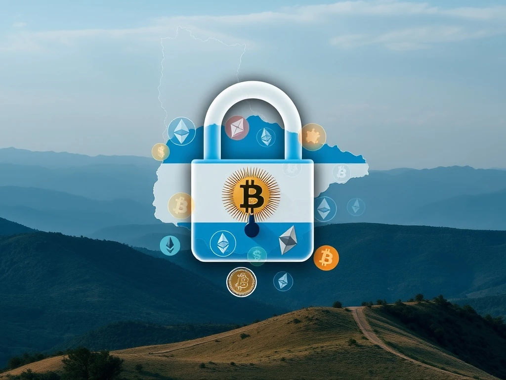 An illustration of a digital lock over cryptocurrency symbols, representing Argentina's **crypto freeze** on wallets linked to terrorism financing.