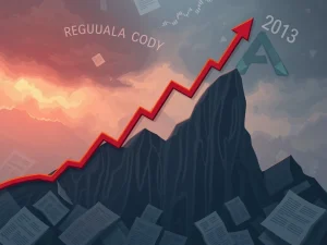 A dramatic red arrow indicating a sharp decline on a digital asset chart, representing ARK crypto's significant price drop amidst market volatility.