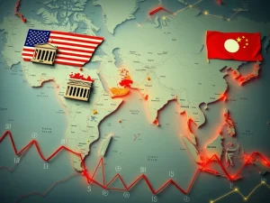 Asia FX volatility illustrated by currency graphs, central bank symbols, and US-China flags, signifying global market shifts.