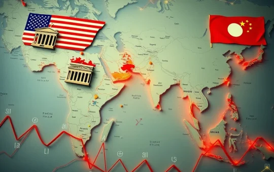 Asia FX volatility illustrated by currency graphs, central bank symbols, and US-China flags, signifying global market shifts.