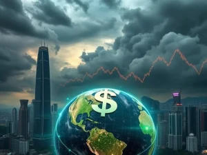 An investor watches a screen displaying declining Asian shares, symbolizing the impact of trade tensions and Fed policy on global markets.