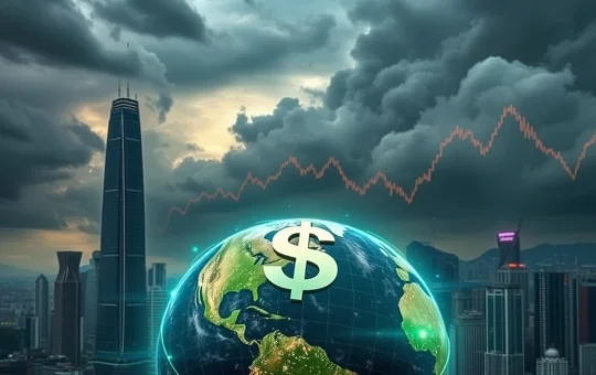 An investor watches a screen displaying declining Asian shares, symbolizing the impact of trade tensions and Fed policy on global markets.
