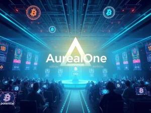 A digital arena with gamers and crypto symbols, representing AurealOne's innovative blockchain gaming platform and its 100x potential.