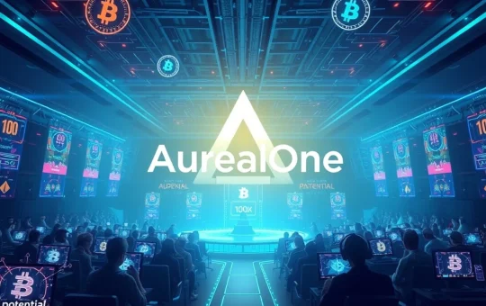 A digital arena with gamers and crypto symbols, representing AurealOne's innovative blockchain gaming platform and its 100x potential.