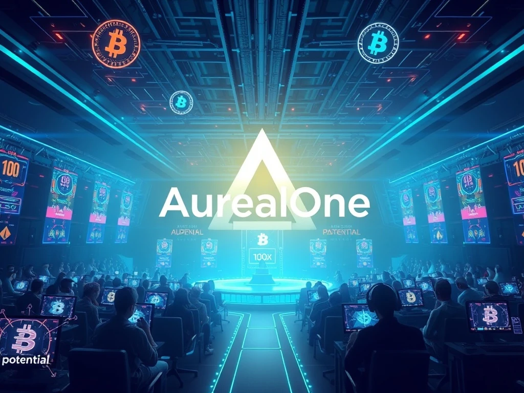A digital arena with gamers and crypto symbols, representing AurealOne's innovative blockchain gaming platform and its 100x potential.