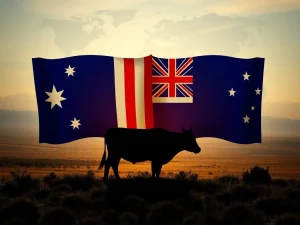 Australian and US flags with cattle, symbolizing the easing of US beef restrictions and improved trade relations.