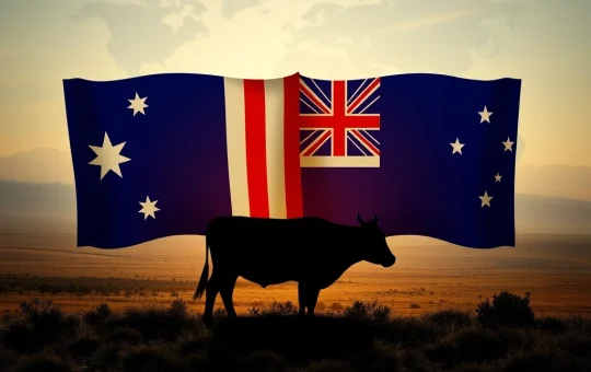 Australian and US flags with cattle, symbolizing the easing of US beef restrictions and improved trade relations.