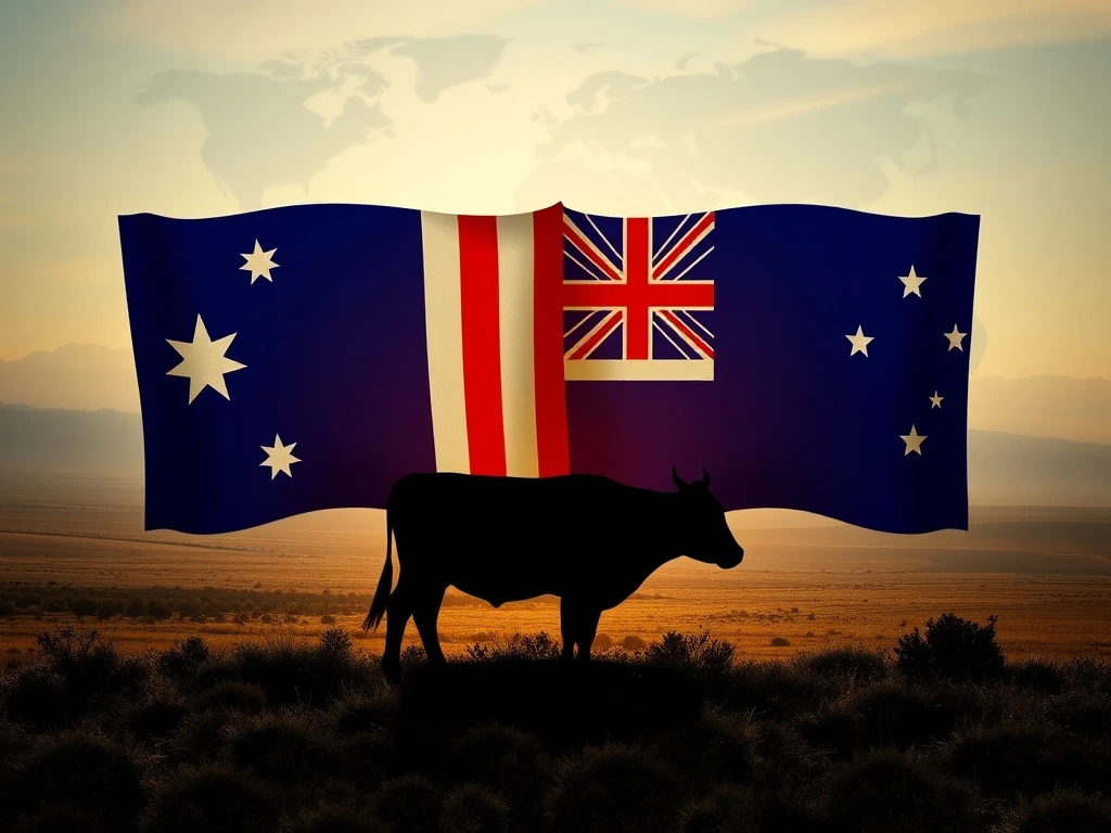 Australian and US flags with cattle, symbolizing the easing of US beef restrictions and improved trade relations.