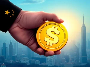 A visual metaphor for Beijing's stablecoin crackdown, illustrating control over digital assets to ensure financial stability.
