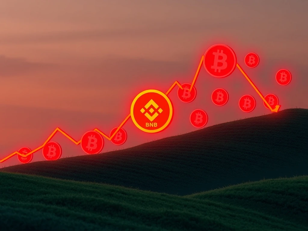 A chart showing a significant dip in Binance Coin (BNB) price, reflecting the broader crypto market dip and volatility.