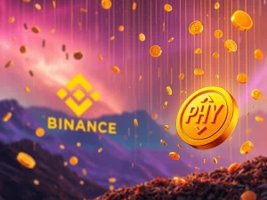 A dynamic crypto airdrop visual showcasing PHY tokens descending, representing the Binance Airdrop event and user rewards.