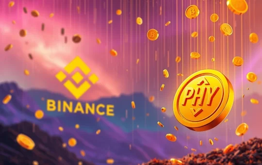 A dynamic crypto airdrop visual showcasing PHY tokens descending, representing the Binance Airdrop event and user rewards.