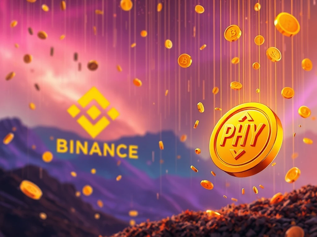 A dynamic crypto airdrop visual showcasing PHY tokens descending, representing the Binance Airdrop event and user rewards.