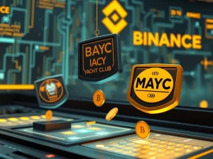 A digital illustration showing BAYC and MAYC NFTs being unstaked from a platform, representing the end of Binance NFT staking for these collections.