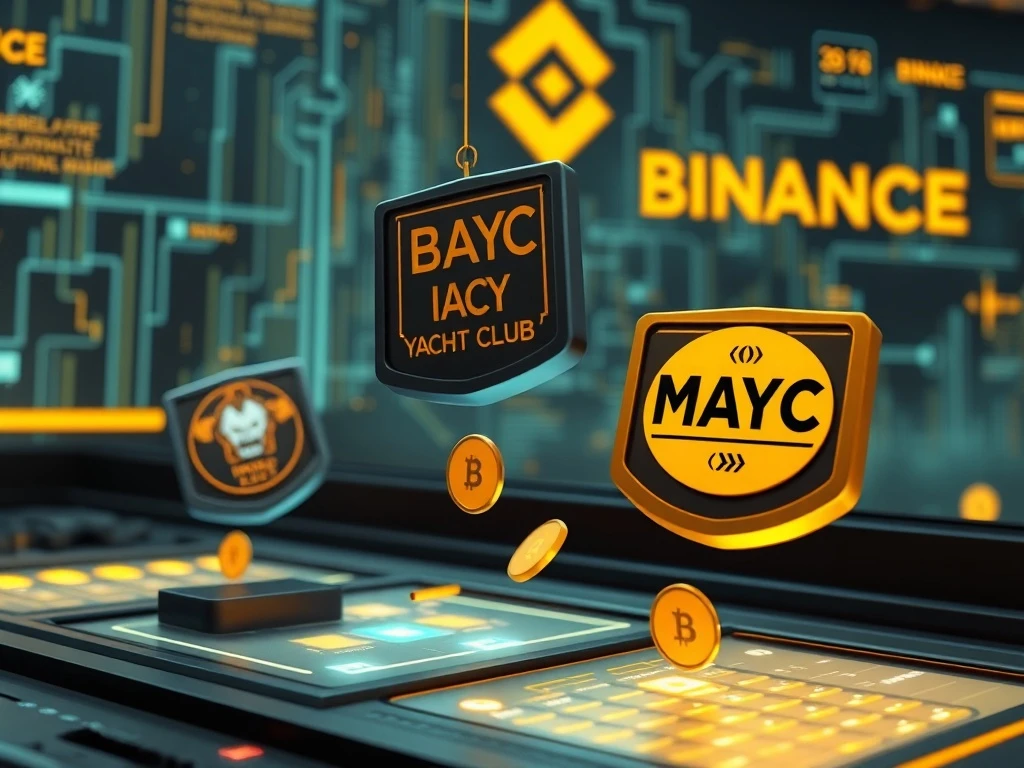 A digital illustration showing BAYC and MAYC NFTs being unstaked from a platform, representing the end of Binance NFT staking for these collections.