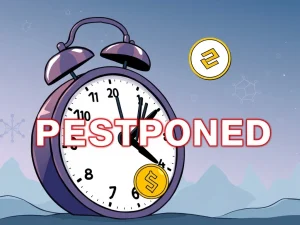 A visual representation of the Binance VRA airdrop delay, showing a calendar with a rescheduled date and crypto tokens.