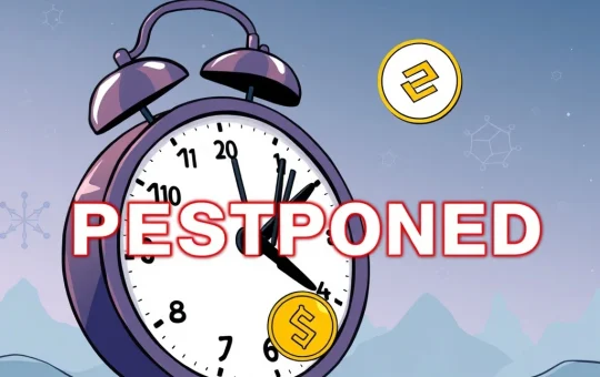 A visual representation of the Binance VRA airdrop delay, showing a calendar with a rescheduled date and crypto tokens.