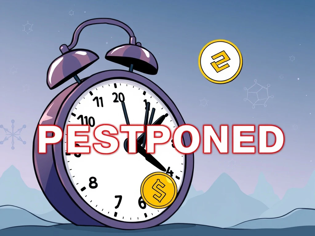 A visual representation of the Binance VRA airdrop delay, showing a calendar with a rescheduled date and crypto tokens.