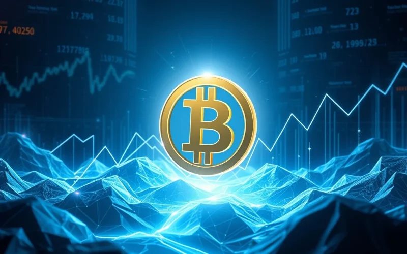 Bitcoin symbol with upward-trending graphs showing 10x growth potential
