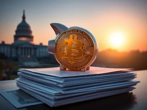 A Bitcoin symbol integrated with a 401(k) piggy bank, representing the potential for Bitcoin investment in US retirement plans.