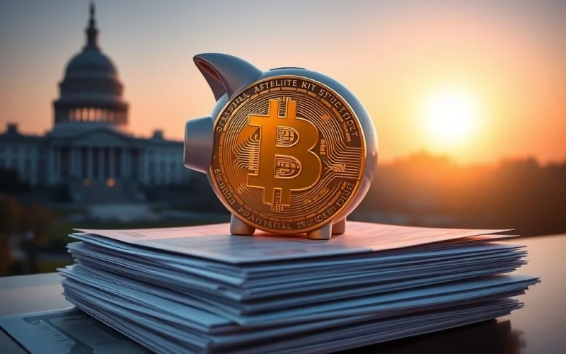 A Bitcoin symbol integrated with a 401(k) piggy bank, representing the potential for Bitcoin investment in US retirement plans.