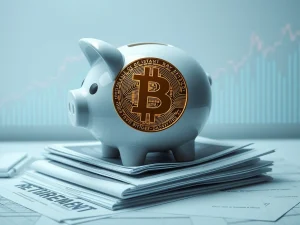 A Bitcoin symbol transforming into a piggy bank, representing the revolutionary integration of Bitcoin 401k plans into retirement savings.