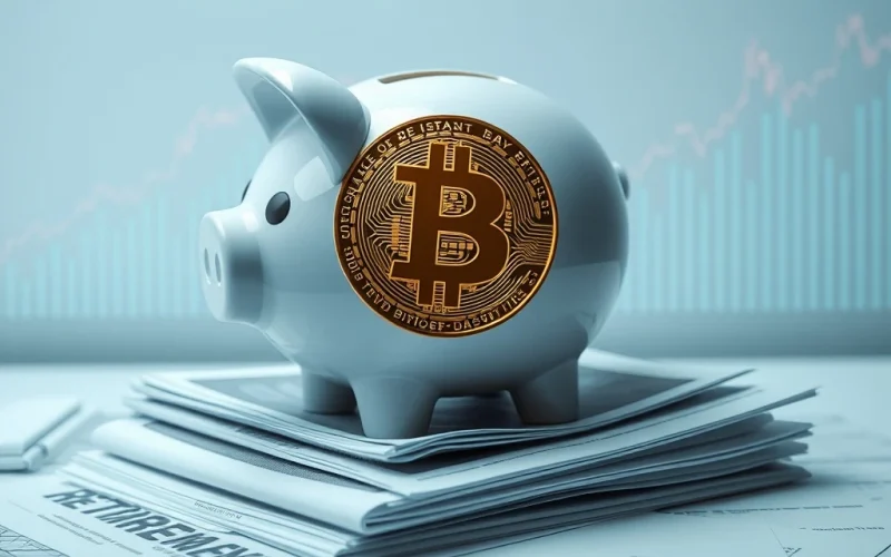 A Bitcoin symbol transforming into a piggy bank, representing the revolutionary integration of Bitcoin 401k plans into retirement savings.