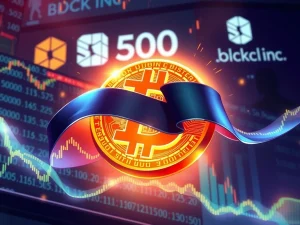 Block Inc. joining the S&P 500, symbolizing the growing mainstream Bitcoin adoption and crypto integration into traditional finance.