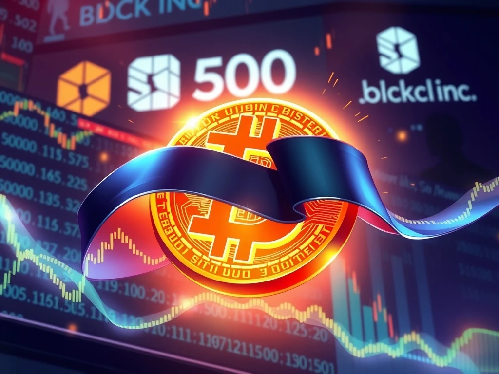 Block Inc. joining the S&P 500, symbolizing the growing mainstream Bitcoin adoption and crypto integration into traditional finance.