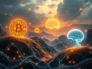 A visual representation of Bitcoin AI synergy, with digital currencies merging with advanced artificial intelligence systems, indicating a future of explosive growth for Bitcoin.