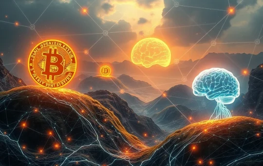 A visual representation of Bitcoin AI synergy, with digital currencies merging with advanced artificial intelligence systems, indicating a future of explosive growth for Bitcoin.