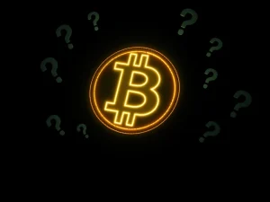 Mysterious Bitcoin symbol with question marks highlighting cryptocurrency uncertainty