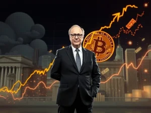 Larry Fink overseeing a massive influx of institutional capital into Bitcoin, symbolizing surging institutional adoption and crypto inflows.