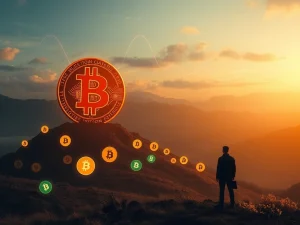 Peter Brandt, a veteran trader, stands confidently as a dominant Bitcoin symbol overshadows smaller, fading altcoin symbols, illustrating Bitcoin's dominance.