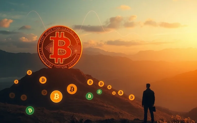 Peter Brandt, a veteran trader, stands confidently as a dominant Bitcoin symbol overshadows smaller, fading altcoin symbols, illustrating Bitcoin's dominance.