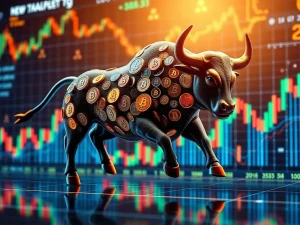 A digital bull charges across a Bitcoin price chart, illustrating a bull flag pattern and potential BTC breakout towards new highs.