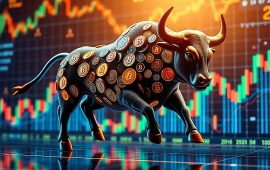A digital bull charges across a Bitcoin price chart, illustrating a bull flag pattern and potential BTC breakout towards new highs.