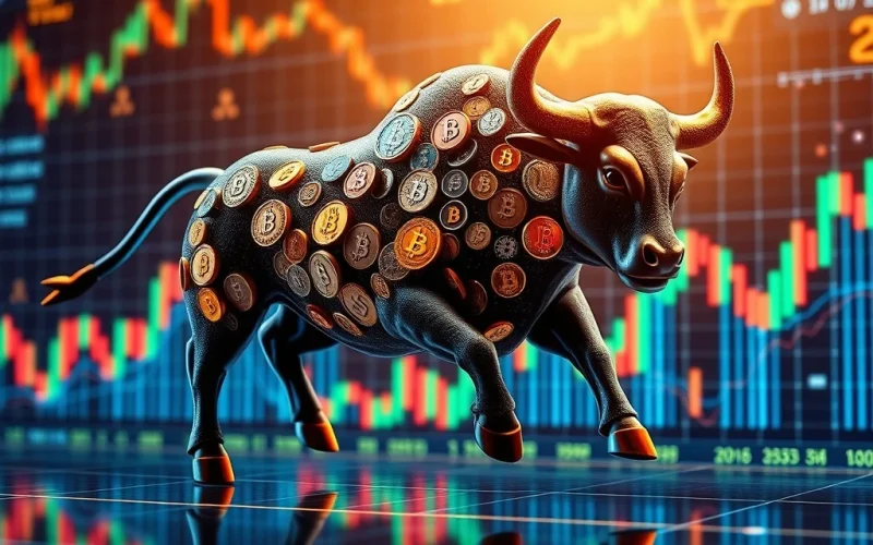 A digital bull charges across a Bitcoin price chart, illustrating a bull flag pattern and potential BTC breakout towards new highs.